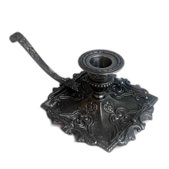 Antique Pewter French Candle Chamberstick w/ Hand Holder Victorian Style - Picture 1 of 9